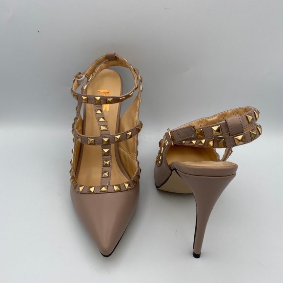 FSJ Nude Studs Shoes Slingback T Strap Stiletto - Picture 5 of 9